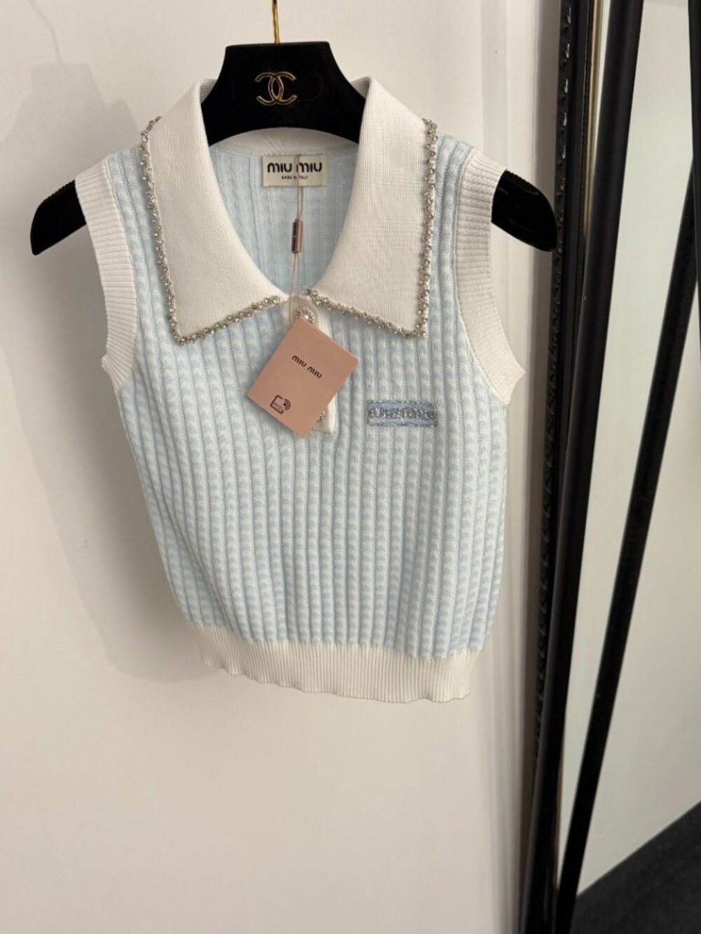 Miu Miu Light Blue Diamond-Embellished Collared Knit Tank Top